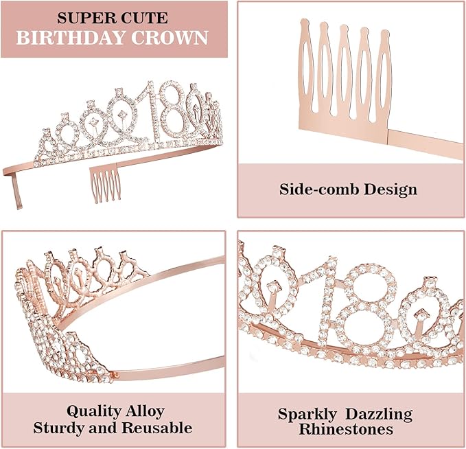 18th Birthday Decorations for Girls, Including Sash, Crown/Tiara, Candles, Cake Topper, 18th Birthday Gifts for Girls, Rose Gold Party Decor Supplies