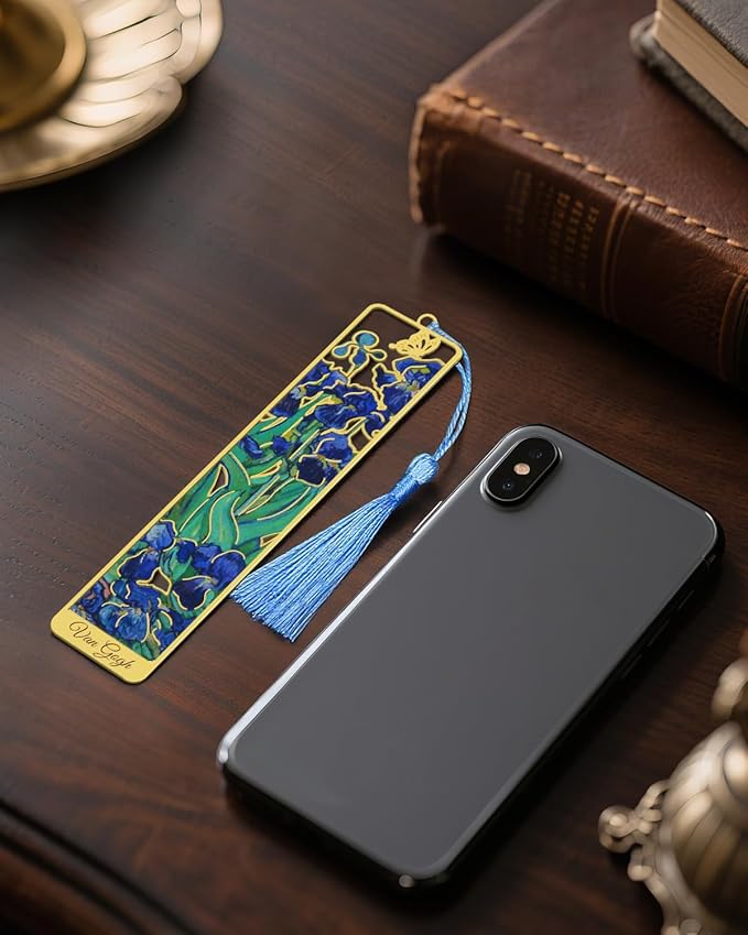 4 Pieces Metal Bookmarks with Tassel, Golden Hollow Bookmark Oil Painting Van Gogh Monet Theme Book Mark Bookmarks for Book Lovers Writers Readers Children Teens Men Women Adults