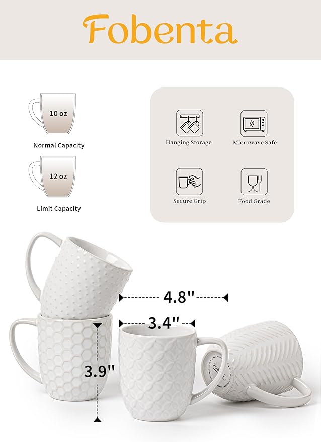 Ceramic Coffee Mugs Set of 4, 12oz Embossed Cups with Elegant Patterns – A Thoughtful Gift for Women, Mom, or Friends,Perfect for Tea, Latte, Cocoa (Arctic White, 12 OZ)