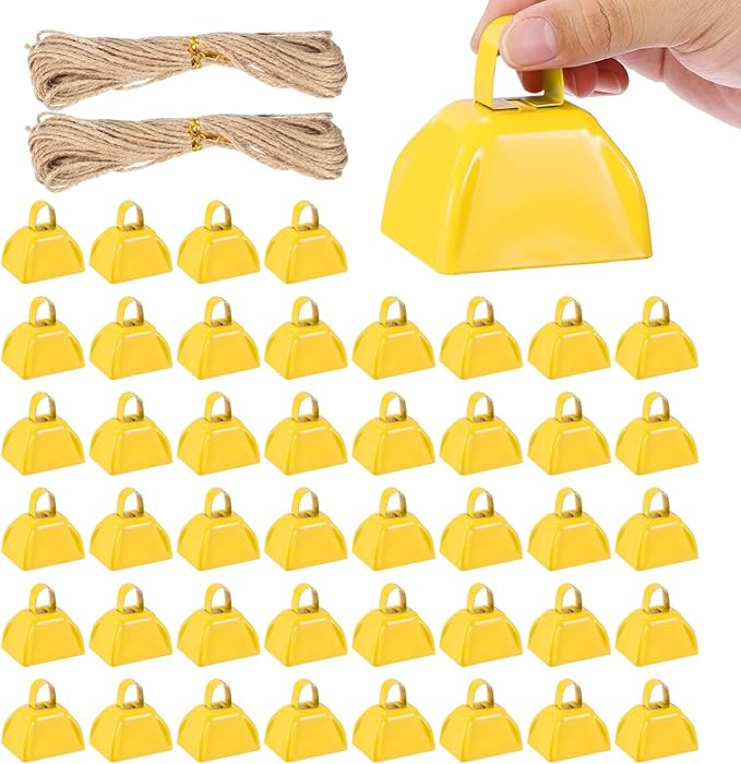 PATIKIL 48pcs Cow Bells for Football Games, 3 Inch Cowbells for Sporting Events Bulk Loud Noise Makers Metal Cow Bell with Rope for Cheering Wedding, Yellow