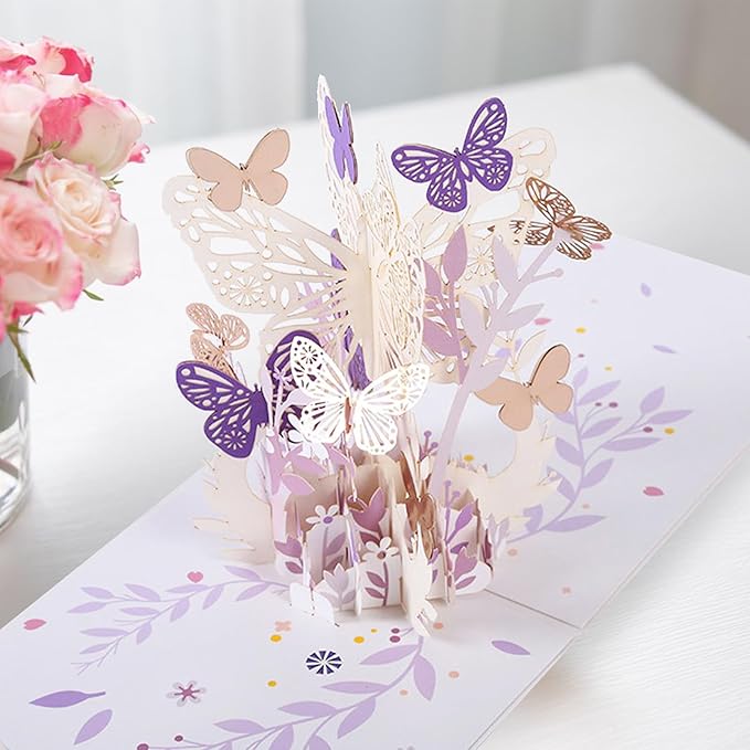 Purple Butterfly Flower Pop up Card, 3D Greeting Card Butterfly Gift for Women Wife Girl Daughter Mothers Day Anniversary Birthday, With Envelope and Note 5" x 7"