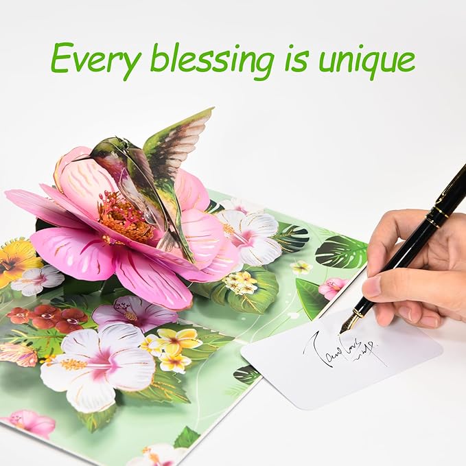 Joyvine 3D pop-up butterfly greeting cards, celebration cards, gratitude cards, rehabilitation greeting cards, suitable for Mother's Day, Father's Day, Thanksgiving, birthdays, anniversaries, with notes and envelopes (Pink Flowers - Hummingbird)