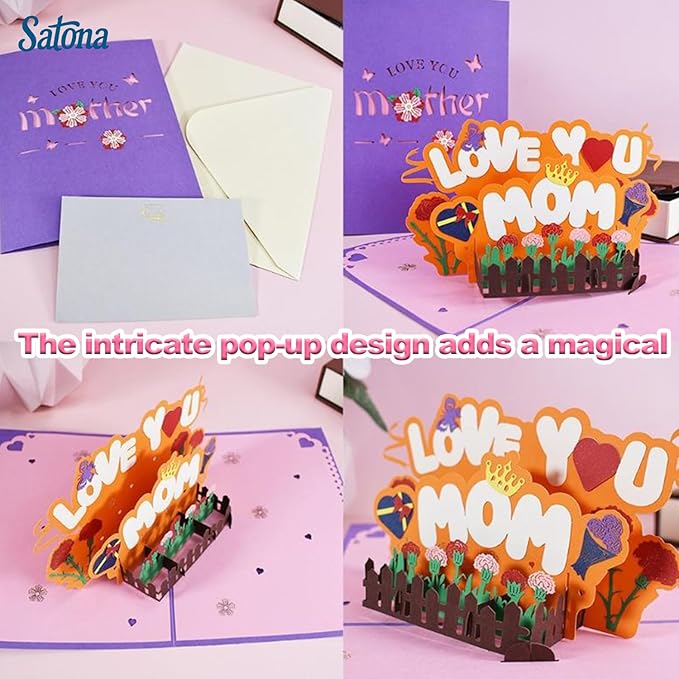 SATONA 3D Mother Pop-Up Greeting Card, Elegant Floral Scene, Includes Envelope & Message Card, Perfect for Mothers, Wives, Grandmas, or a Special Occasion (Love You Mom)