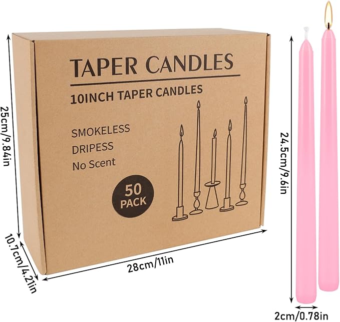 50-Pack Pink 10-Inch Taper Candles, Dripless Elegance for 8-Hour Burn - Perfect for Weddings, Baby Showers & Romantic Dining, Unscented Classic Dinner Candles