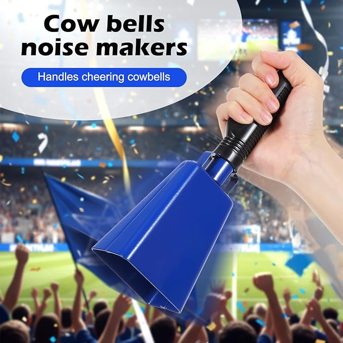 4 Pack 9-Inch Blue Cow Bells for Sporting Events - Blue Cowbell with Handle, Loud Metal Cheering Bell for Football Games, Stadium Noise Makers, Bulk Cowbells Instrument