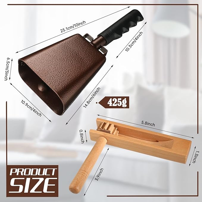 Nuanchu 10 Inch Cowbell Noise Makers for Sport Event Steel Cowbell with Handle and 2 Pcs Wooden Spinning Rattle Ratchet Matraca Cheer Bell Alarm for Football Game Musical Percussion Instruments(Brown)