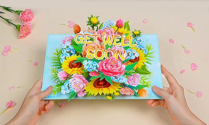 Get Well Pop Up Cards for Women, 3D Encouragement Get Better Soon Card, Colorful Thinking of you 3D for Speedy Surgery Recovery, Feel Better Soon, Kids, Friends (6x8in - Get Well Soon)