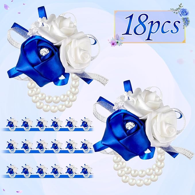 Zeyune 18 Pcs Wrist Corsages for Prom Wedding Artificial Rose Wristlet Corsage Hand Flower for Mother of Bride and Groom, Bridal, Bridesmaid Wedding Supplies (Royal Blue)