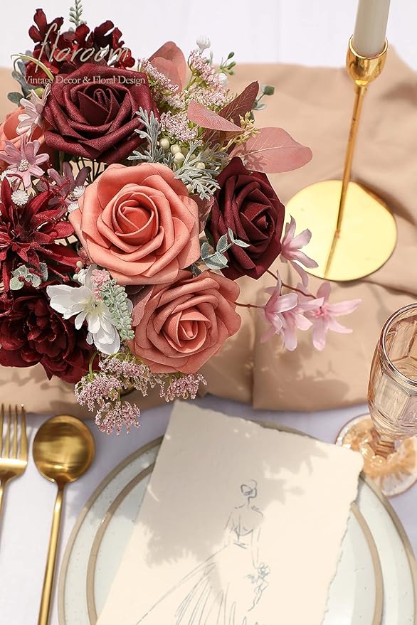Floroom Artificial Flowers 50pcs Real Looking Burgundy & Pinky Cedar Foam Fake Roses with Stems for DIY Wedding Bouquets Bridal Shower Centerpieces Floral Arrangements Party Tables Home Decorations