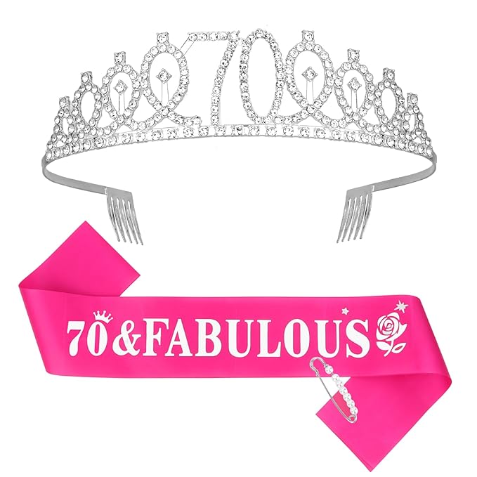 Casoty 70th Birthday Sash and Tiara, 70th Birthday Decorations for Women, 70 & FABULOUS Sash and Crown Set, Party Supplies for Women, Gifts for Her