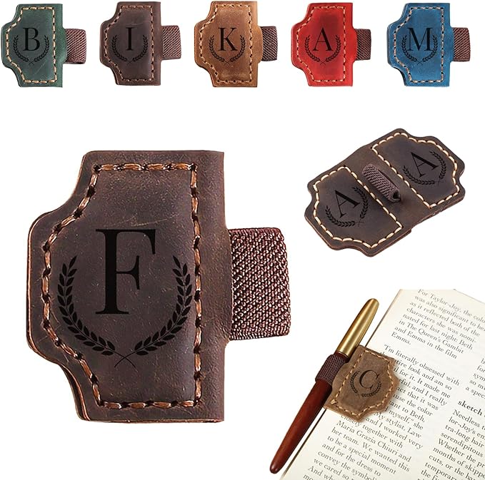Magnetic Bookmarks with Pen Holder, 26 Letters Name Initia Personalized Leather Book Mark, Gifts for Book Lovers Readers Teacher Women Men