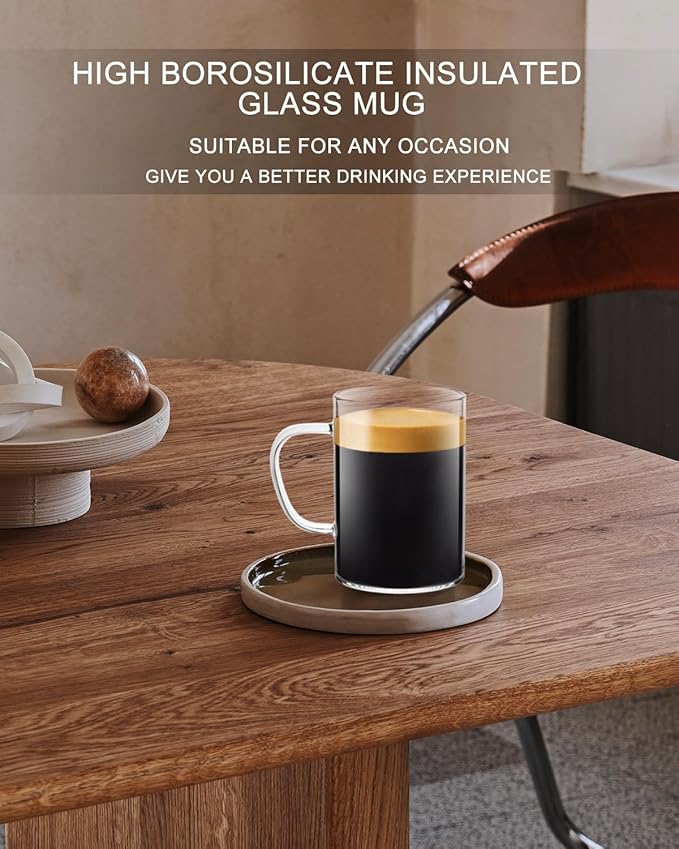 LUXU Glass Coffee Mugs 16 oz,Set of 4 Large Glass Coffee Cups Clear Tea Cups,Iced Coffee Glasses,Lead-Free Drinking Glasses for Water,Cappuccino,Latte,Cereal,Yogurt,Milk-Flat Bottomed Design