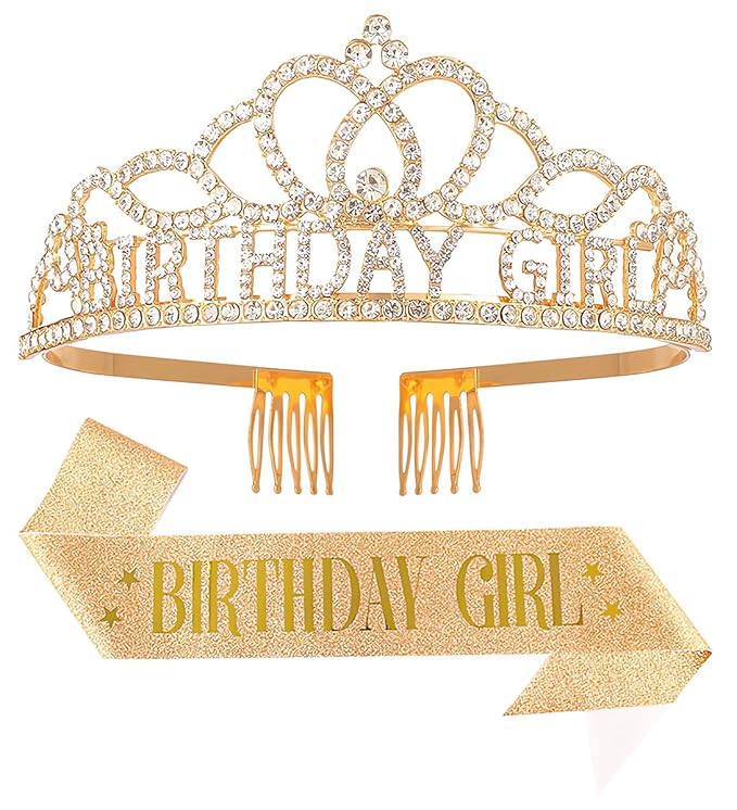 Birthday Tiara and Crown with Sash for Women, Hair Accessories for Wedding Party Costume (A1)
