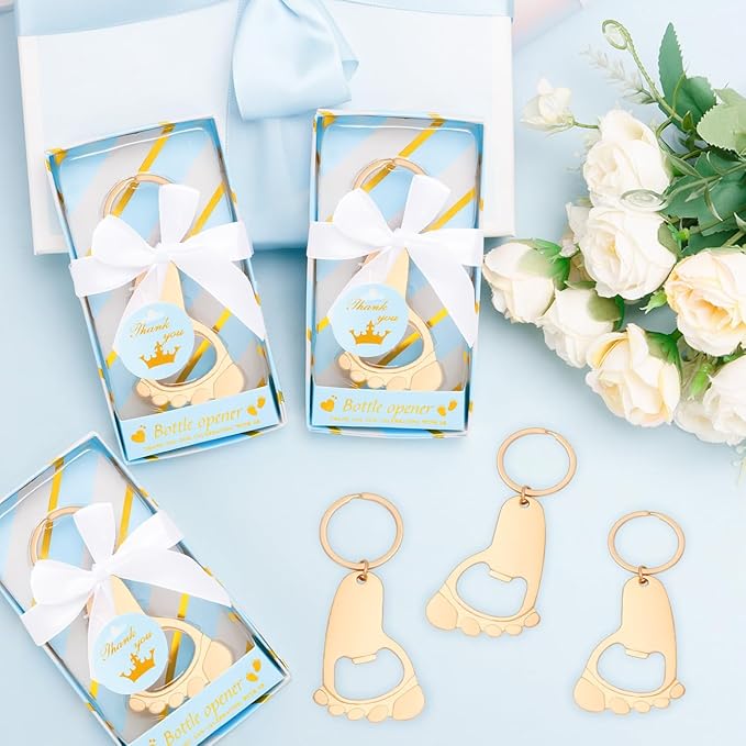 24Pcs Baby Boy Foot Keychain Footprint Bottle Openers Footprint Keychain Bottle Opener Small Foot Bottle Opener Keychain Baby Shower Return Gift for Party Favors with Blue Boxes (baby feet)