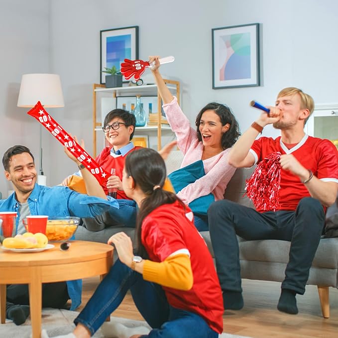 Hungdao 60 Pcs Noise Makers Homecoming Football Favors Include 24 Thunder Sticks Cheer Sticks 12 Hand Clapper 24 Cheerleading Pom Poms for Sporting Events Pep Rally Supplies(Red)