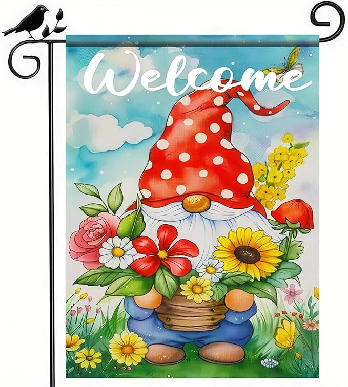 BlissYard Easter Garden Flag 12x18 Inch Double Sided Cute Gnome Garden Flags Spring Gnome and Flowers Theme Yard Flag Polyester Yard Decoration for Outdoor Lawn and Patio
