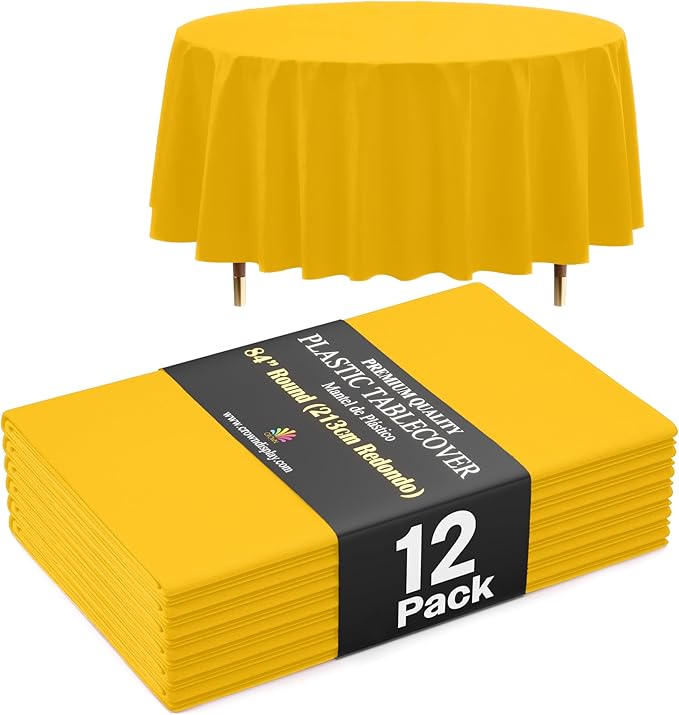 Exquisite 66% Thicker Premium Yellow Round Tablecloth 0.5 Mil 12 Pack Plastic Table Cloth Disposable 84 Inch Round Plastic Tablecloth Won't Tear Easily Like Cheap Thin Brands