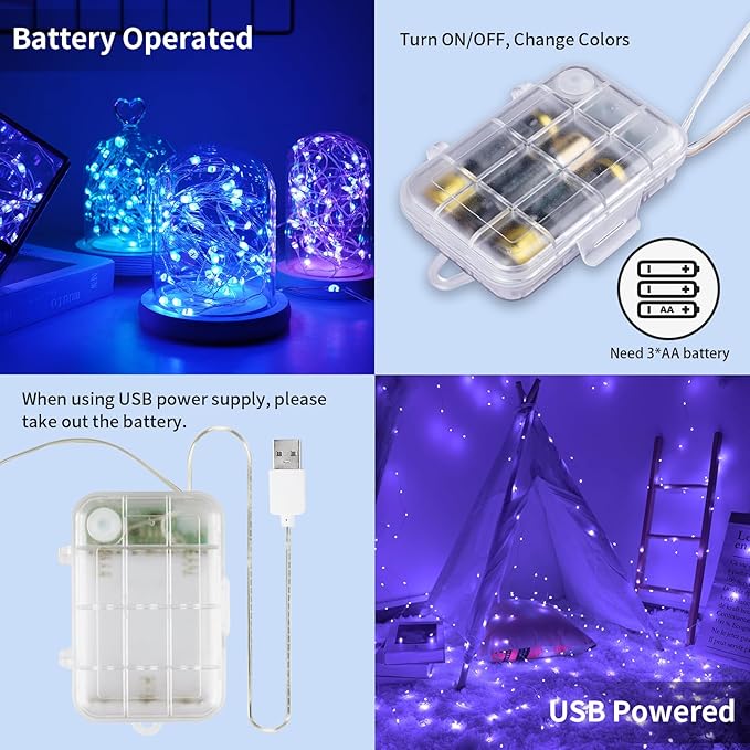StarryEver 33ft 100LED Fairy Lights Battery Operated, 2 Pack 16.5ft 16 Color Changing String Lights with Remote Timer, RGB Waterproof Twinkle Lights for Indoor Outdoor Room Garden Yard Decor