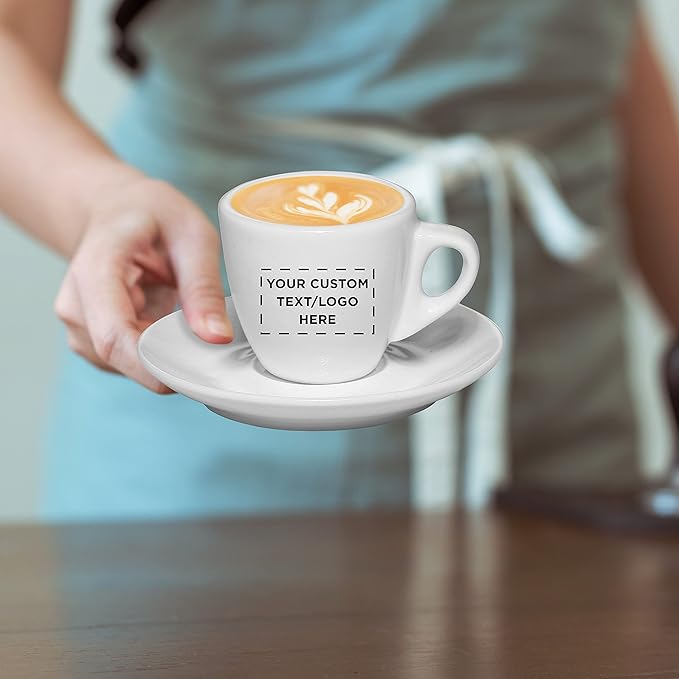 Custom Espresso Cups with Saucer 2.5 oz. Set of 100, Personalized Bulk Pack - Perfect for Coffee, Tea, Espresso, Hot Cocoa, Other Beverages - White