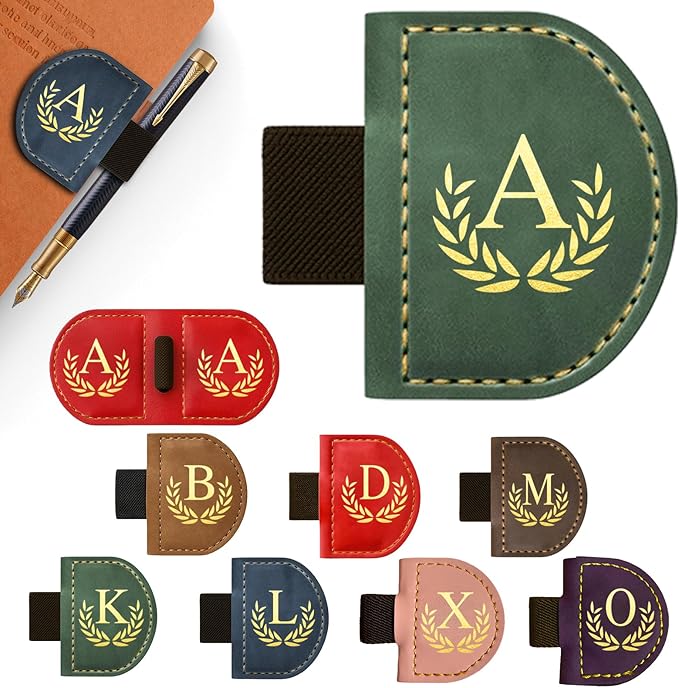 Personalized Leather Magnetic Bookmark with Pen Holder, Custom Bygone Mark Bookmark with Pen Holder, Custom Bookmarks with 26 Letters for Reading Women, Men, Teachers, Book Lovers（Green，A）
