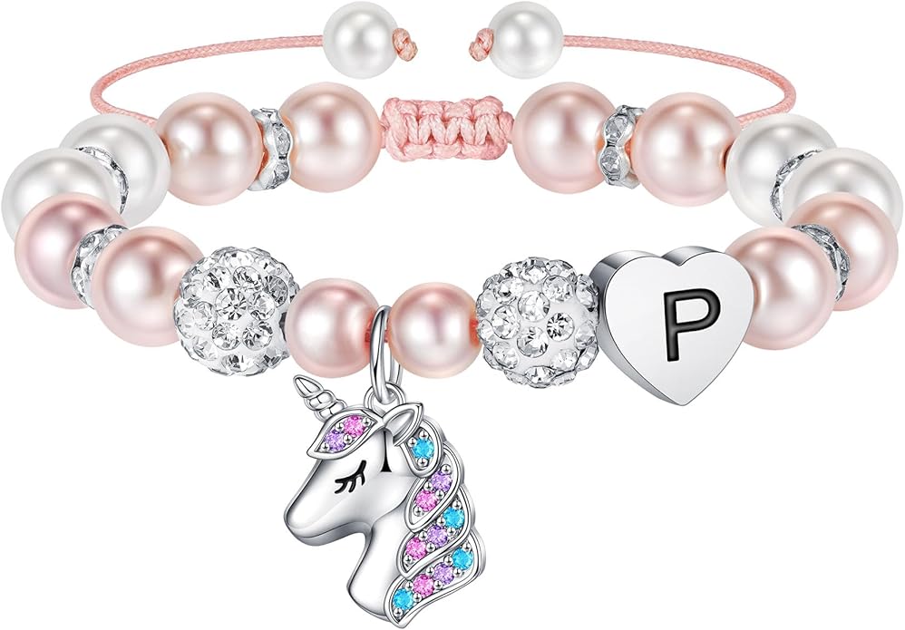 Hidepoo Valentines Gifts for Kids Girls - Unicorn Bracelets for Girls Kids, CZ Initial Unicorns Bracelet Adjustable Heart Initial Unicorn Bracelets Jewelry Birthday Gifts for Girl