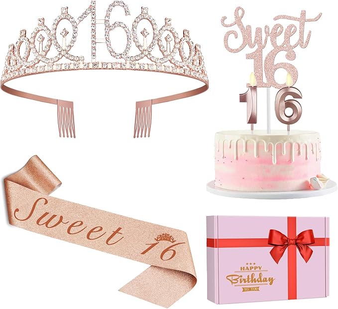 Sweet 16 Party Decorations for Girls Including Sash and Tiara, Cake Topper and Candles, 16th Birthday Decorations for Girls, Sweet Birthday Gifts Party Favor Supplies