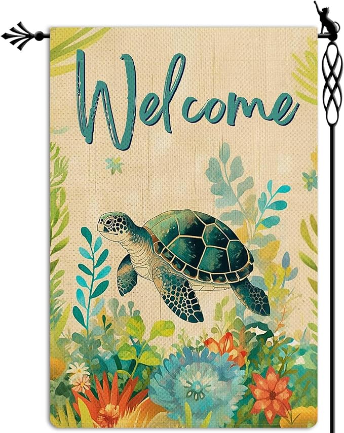 Jauageon Welcome Summer Garden Flag Sea Turtle Garden Flag Ocean Summer Floral Vertical Double Sided Rustic Farmland Burlap Yard Lawn Outdoor Decor 12.5x18"