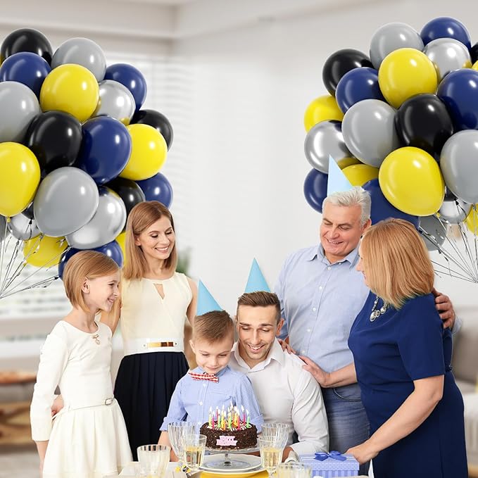 60pcs Black and Yellow Balloons 12inch with Navy Blue Yellow Gray Metallic Silver Balloons for Baby Shower Birthday Party Decorations for Men