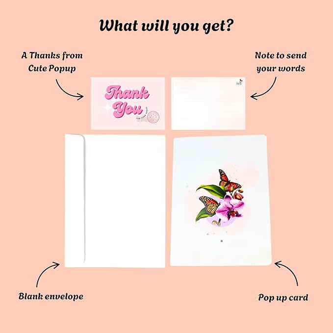 CUTE POPUP Thank you 3D popup card - Captivating Orchid and butterflies design - 6x8 inches - Memorable Keepsake for Friend, family or Colleague in any Occasion
