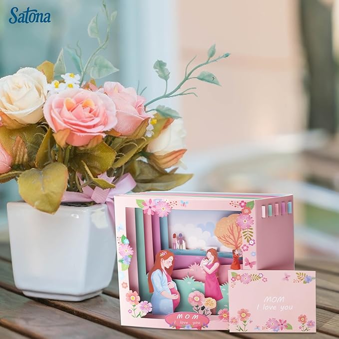 SATONA 3D Mother Pop-Up Greeting Card, Elegant Floral Scene, Includes Envelope & Message Card, Perfect for Mothers, Wives, Grandmas, or a Special Occasion (Mom I Love You)
