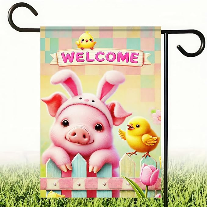 BlissYard Spring Garden Flags 12x18 Double Sided Adorable Piglet and Chick Welcome Garden Decor Banner Spring Decorations Springs Garden Flags For Outside Front Porch Decor Outdoor Decoration