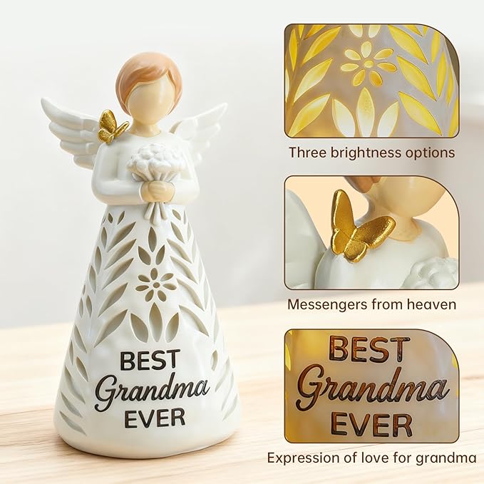 Great Grandma Birthday Gifts - Best Grandma Ever Figurines Lights with Remote, Grandmother Angel Figurine Gift Ideas for Christmas Mothers Day from Granddaughter Grandkids (No batteries included)