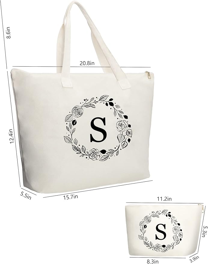Personalized Initial Canvas Tote Bag with Zipper, Present Bag with Inner Pocket & Make Up Bag, Great Gifts for Women, Mom, Teachers, Friends, Bridesmaids
