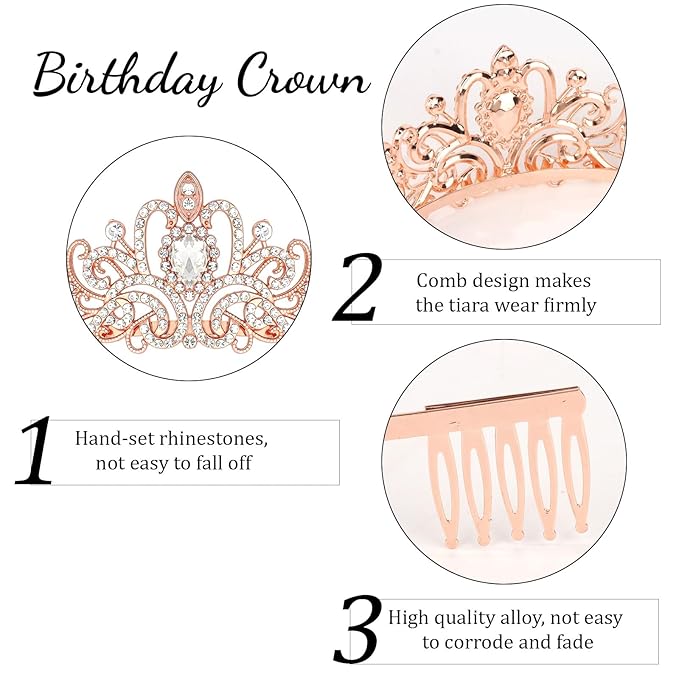 Semato Birthday Crown and Sash Kit Birthday Decorations for Women Tiara Princess Party Supplies and Favors (Girl)