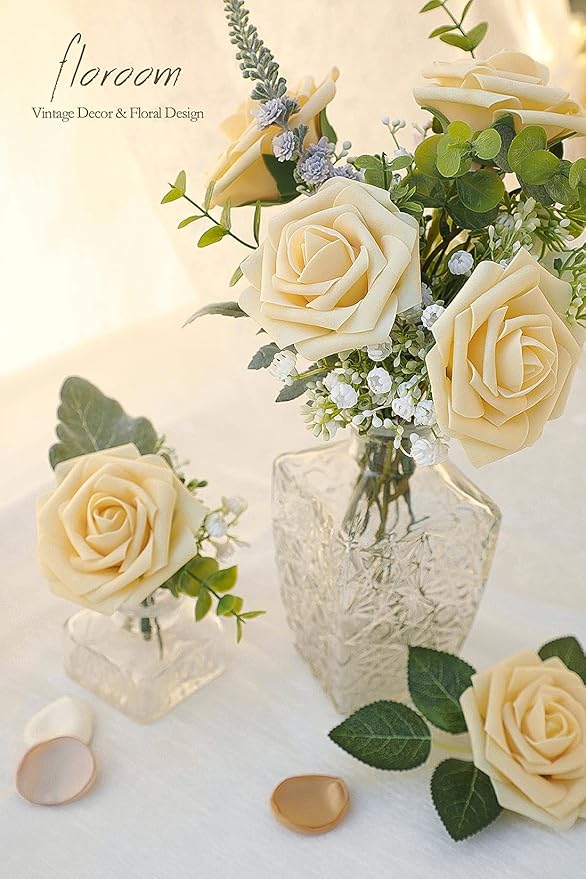 Floroom Artificial Flowers 25pcs Real Looking Creamy Yellow Foam Fake Roses with Stems for DIY Wedding Bouquets Bridal Shower Centerpieces Floral Arrangements Party Tables Home Decorations