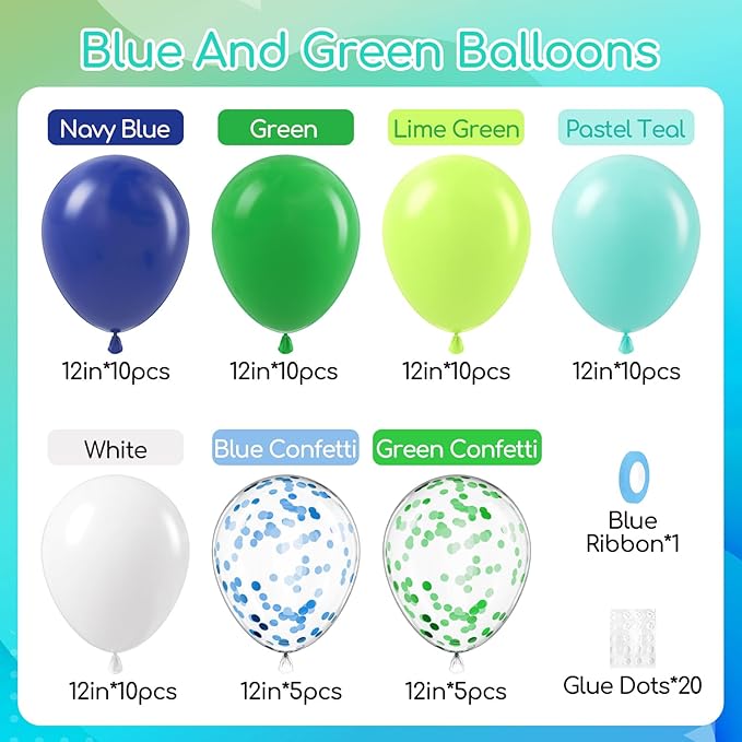 60pcs Blue and Green Balloons 12inch, Navy Blue Lime Green Teal White Confetti Balloons for Dinosaur Baby Shower Birthday Party Decorations