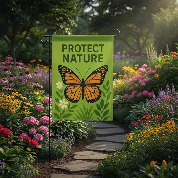 FLAGMEUP8386 Welcome Monarch Butterfly Garden Flag 12x18 Inch Double-Sided Polyester Yard Banner with Nature Message, Outdoor Patriotic Seasonal Decoration for Garden, Porch, Lawn