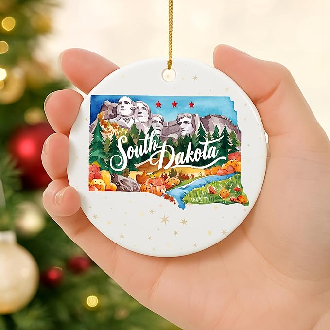 USA State Landmark Ceramic Ornament – Round Glossy Christmas Decoration Featuring U.S. State Art, Landmarks & Holiday Scenery – Collectible Travel Souvenir Ornament Series (South Dakota)