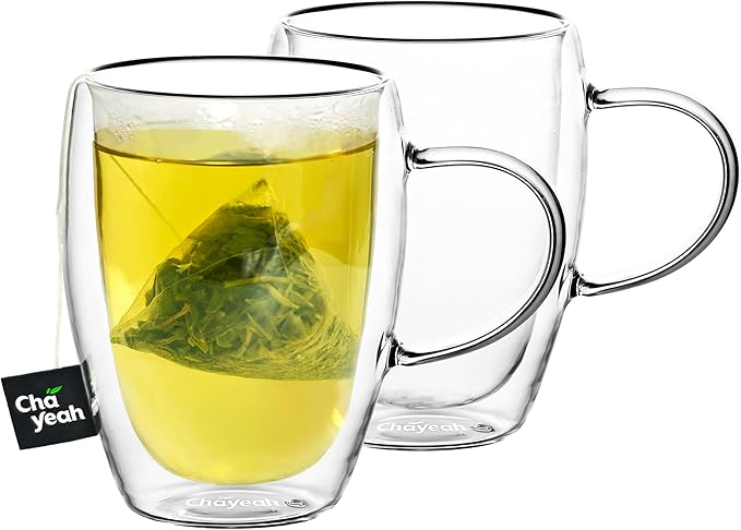 Double Wall Glasses, 12 OZ Insulated Cups with Handle, Perfect for Tea, Coffee, Water, and More (Set of 2)
