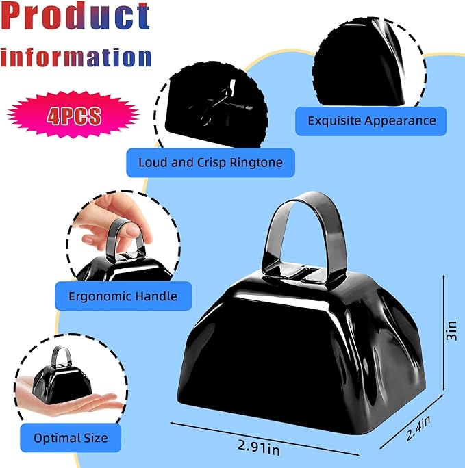 Cow Bells Noise Makers for Sporting Events, 4PCS Metal Cowbells with Handle - Small Loud Bell Bulk Hand Percussion Noisemakers for Football Games Graduation Sporting Events Weddings