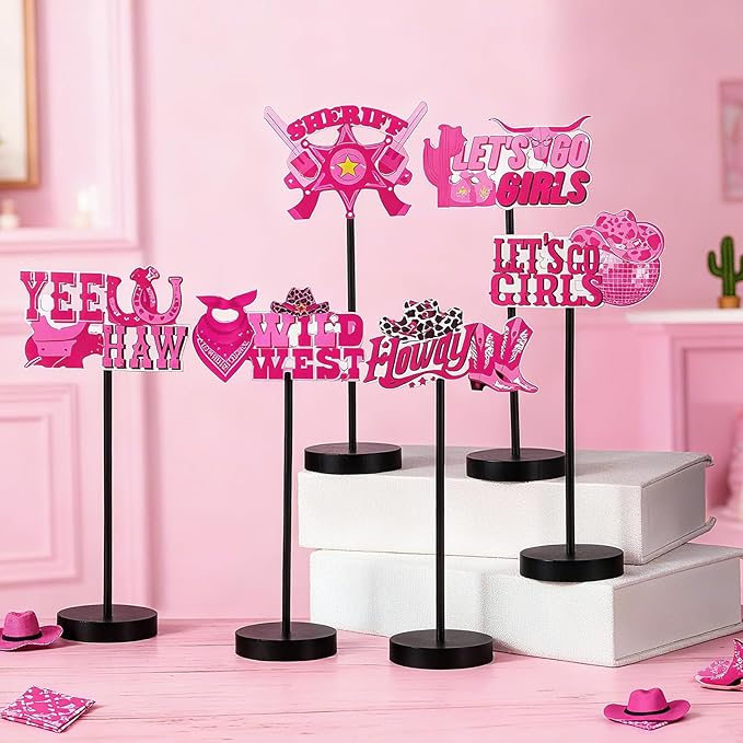 6 Pcs Pink Cowgirl Disco Centerpieces for Table Let's Go Girls Disco Cowgirl Bachelorette Party Decoration Western Wooden Standing Sign Decor for Birthday Western Rodeo Party Supplies