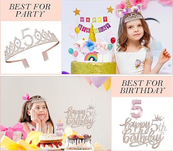 5th Birthday Decorations Girl, Including 5 year old Birthday Cake Topper, Queen Sash with Pearl Pin, Sweet Rhinestone Tiara Crown, Number Candles and Balloons Set, Rose Gold