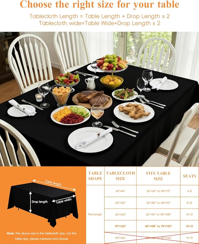 Goodluck 6 Pack Black Tablecloth 90 x 132 Inch – Rectangular Polyester Table Cloth, 6-8 Ft Tables – Reusable, Machine Washable Cover for Wedding, Birthday, Party Banquet and Event Decoration
