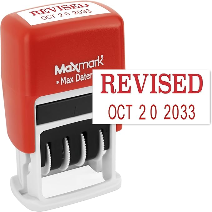 MaxMark Self-Inking Rubber Date Office Stamp with Revised Phrase & Date - RED Ink