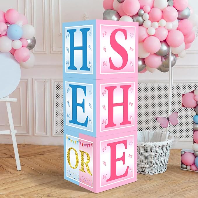 3pcs Gender Reveal Decorations Baby Boxes, Blue Pink He or She Gender Reveal Theme Boxes Party Supplies, Blue Blush Pregnancy Announcement Cardboard Box