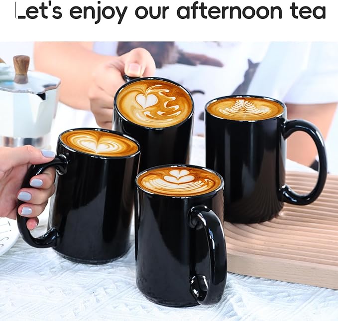 Smilatte 16 OZ Porcelain Coffee Mugs, Classic Blank Ceramic Cup with Large Handle for Tea Latte Cappuccino, Set of 4, Black