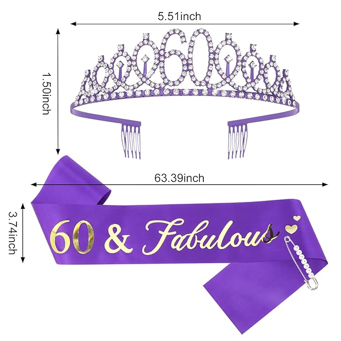 Casoty Purple 60th Birthday Sash and Tiara, 60th Birthday Party Decorations for Women Crown and 60 & Fabulous Sash, Party Supllies Favors for Women Gifts for Her