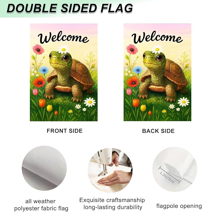 IVN Spring Garden Turtle Flag 12x18 Inch Double Sided Turtle and Wildflowers Summer Outdoor Yard Flag for Outside Front Door Lawn Porch Patio Welcome Decor