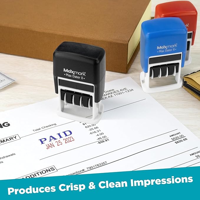 MaxMark Self-Inking Rubber Date Office Stamp with Denied Phrase Blue Ink & Date RED Ink (Max Dater)