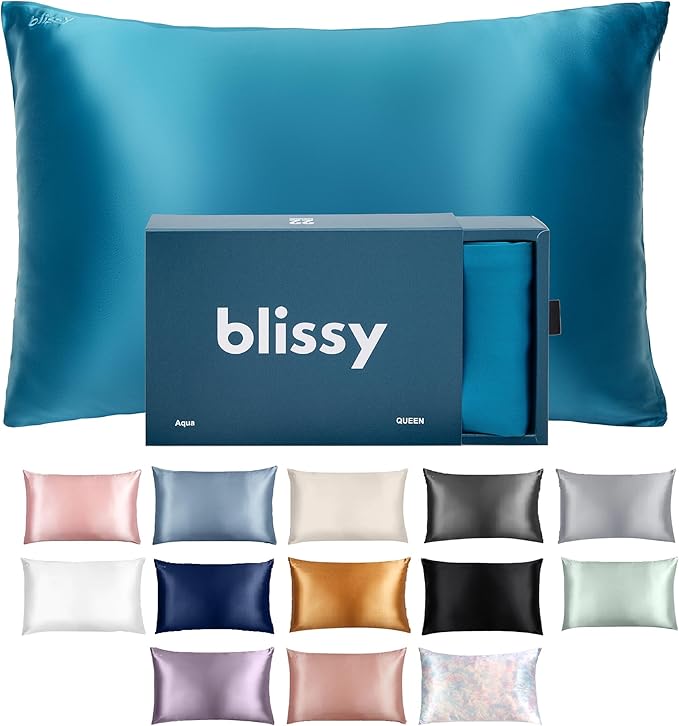 Blissy Silk Pillowcase - 100% Pure Mulberry Silk - 22 Momme 6A High-Grade Fibers - Silk Pillow Cover for Hair & Skin - Regular, Queen & King (Aqua, Queen)